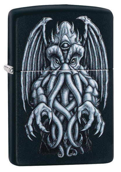 Winged Monster Design Black Matte Windproof Lighter facing forward at a 3/4 angle