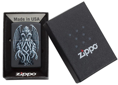 Winged Monster Design Black Matte Windproof Lighter in packaging