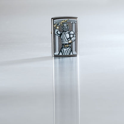 Lifestyle image of Zeus Design Street Chrome Windproof Lighter standing on a reflective surface