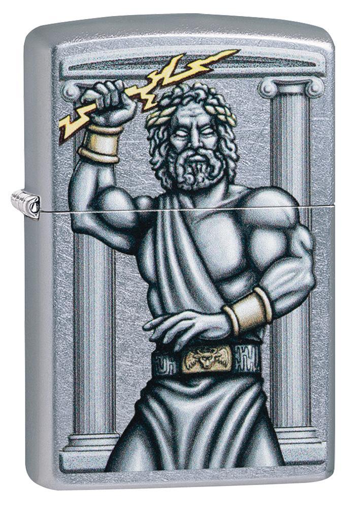 Zeus Design Street Chrome Windproof Lighter facing forward at a 3/4 angle