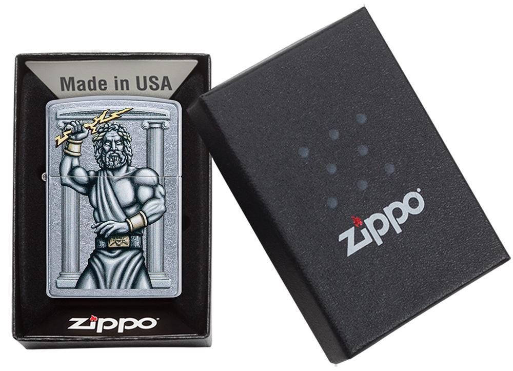 Zeus Design Street Chrome Windproof Lighter in packaging