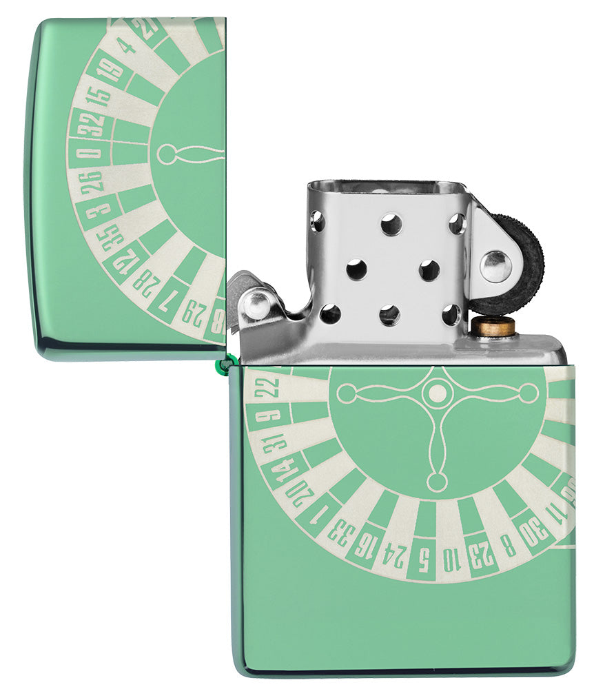 Zippo Feuerzeug High Polish Green mit Roulettetisch geöffnet