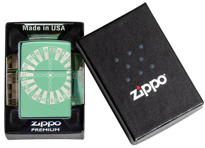 Zippo Feuerzeug High Polish Green mit Roulettetisch in offener Pappbox