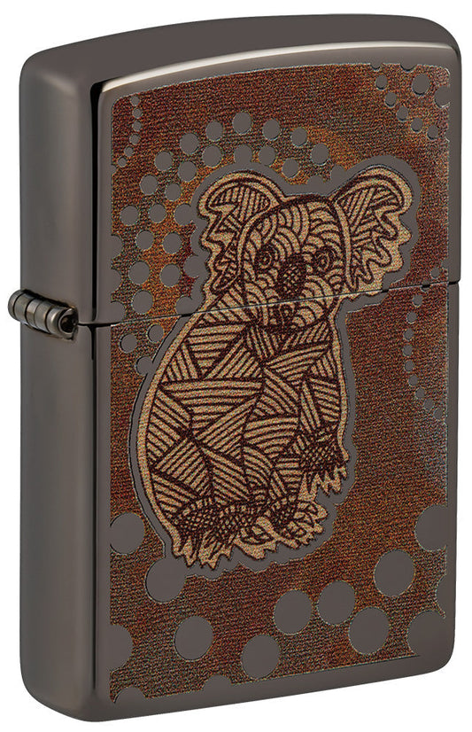 Zippo lighter front view ¾ angle Black Ice® with coloured illustration of a koala in the style of Aboriginal art.