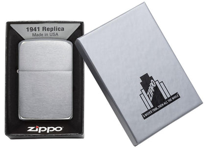 Zippo Lighter 1941 Replica front view in brushed chrome look in half opened package