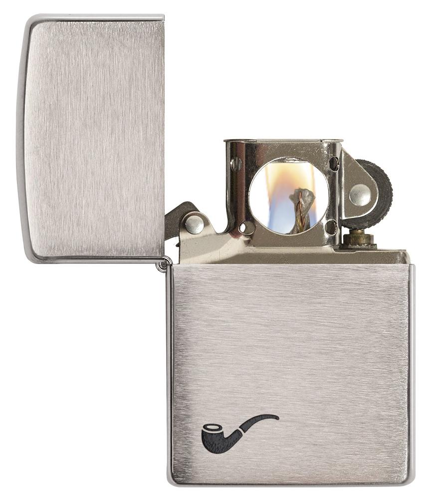 200PL, Brushed Chrome Pipe Lighter with Black Pipe Corner Symbol