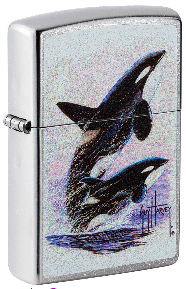 Zippo lighter front view ¾ angle chrome plated with coloured illustration of two killer whales drawn by Guy Harvey