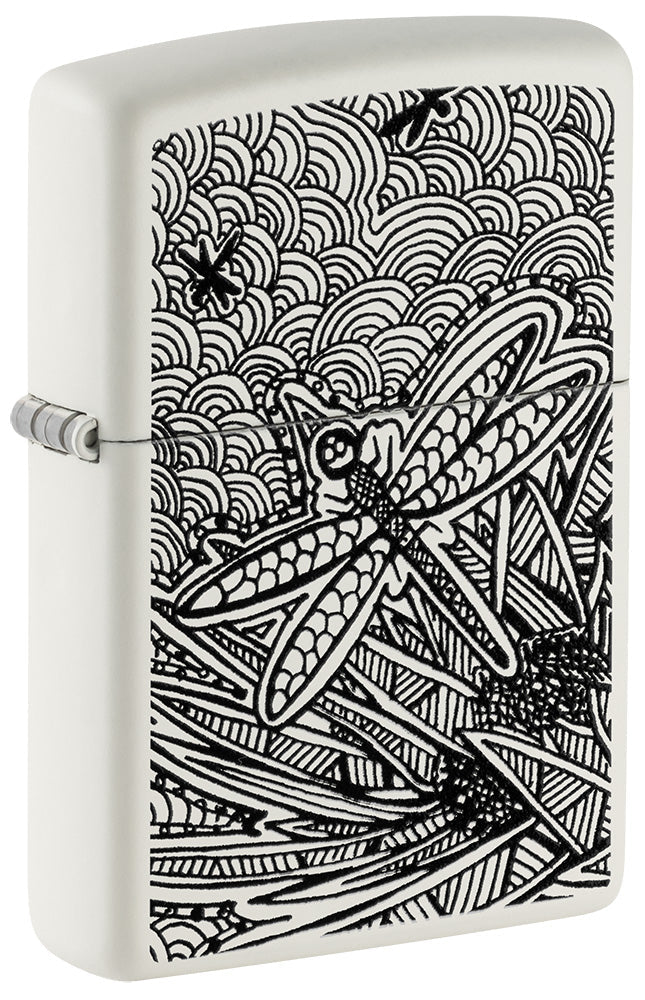 Zippo lighter front view ¾ angle white matt with illustration of a dragonfly in the style of aboriginal art