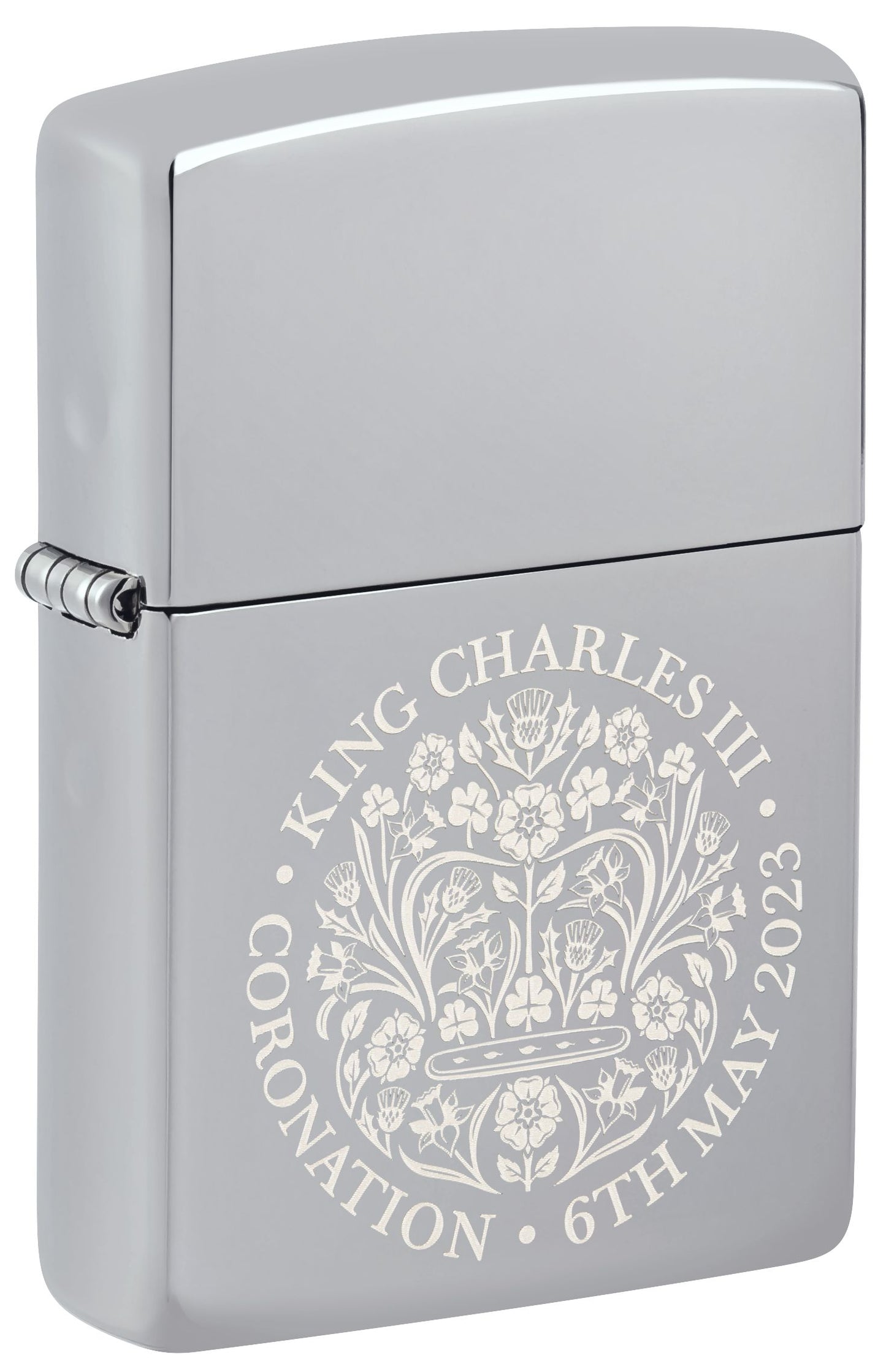 ¾ view of the Zippo King Charles Coronation storm lighter