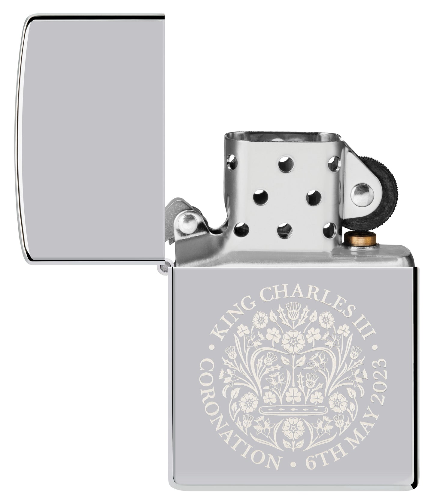 Front view of the extinguished Zippo King Charles Coronation storm lighter, without flame