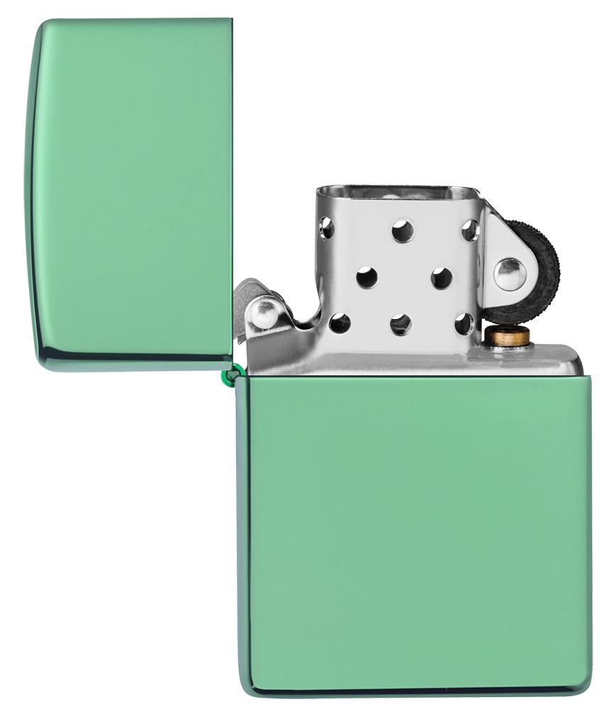 Classic High Polish Green Windproof Lighter with its lid open and unlit