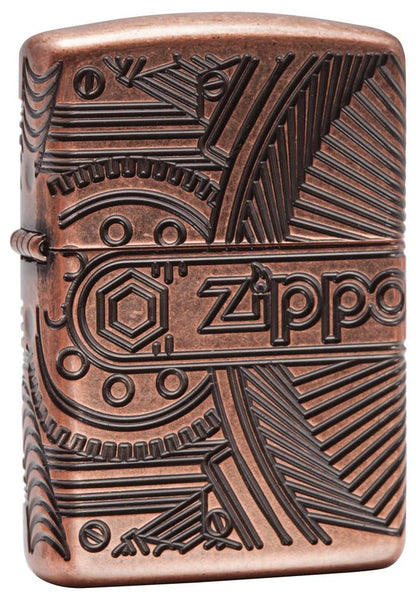 29523, Zippo Steampunk Gears, Deep Carve Engraving on Antique Copper Finish & Armor Case