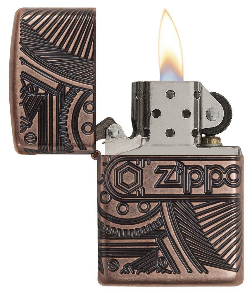 29523, Zippo Steampunk Gears, Deep Carve Engraving on Antique Copper Finish & Armor Case