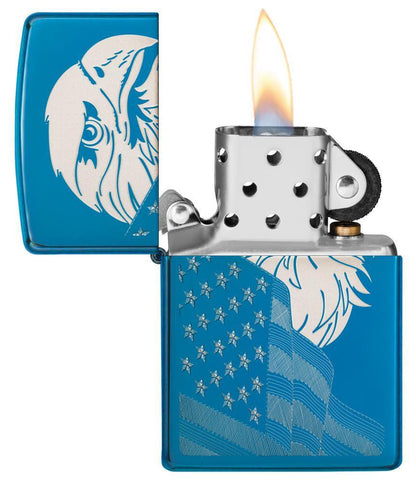 29882 High Polish Blue Eagle and Flag Windproof Zippo Lighter