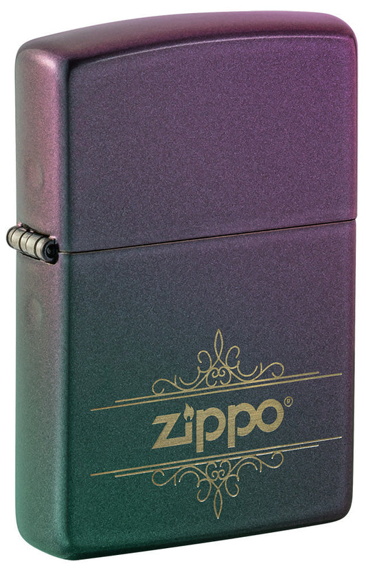 Zippo Lighter Front View ¾ Angle Iridescent Matte in Green Blue Purple with Squiggly Zippo Logo