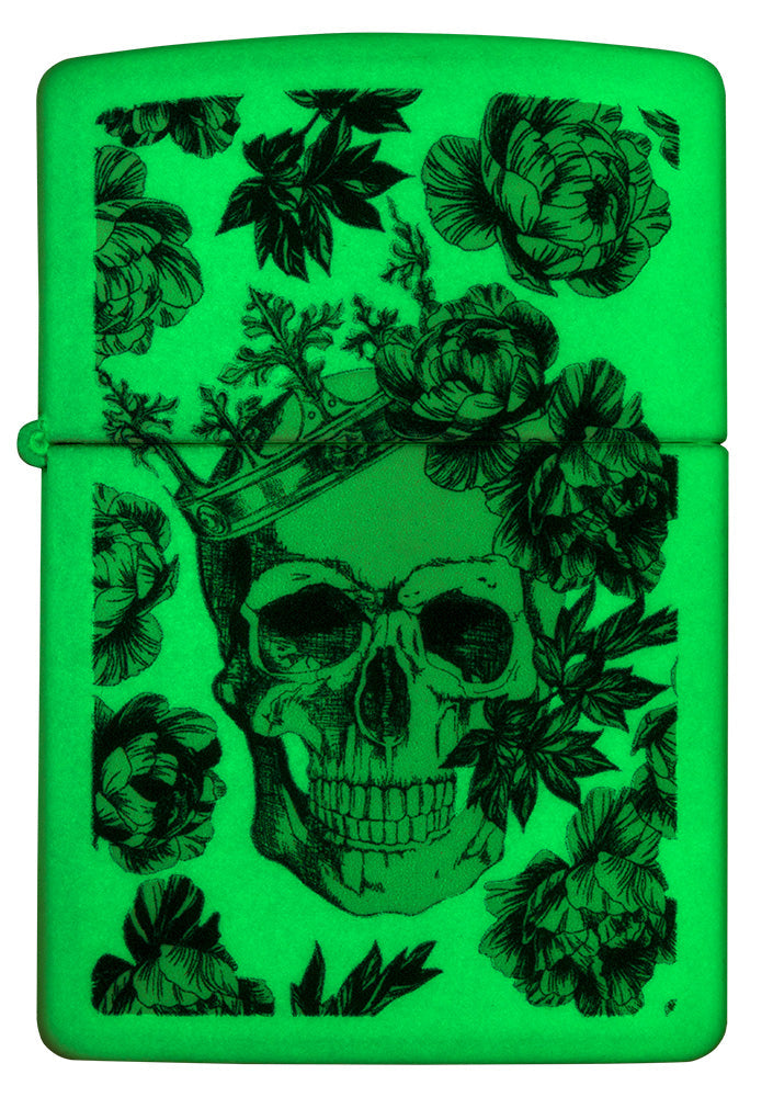 Zippo Lighter Front View Fluorescent Skull with Crown Surrounded by Blue Flowers