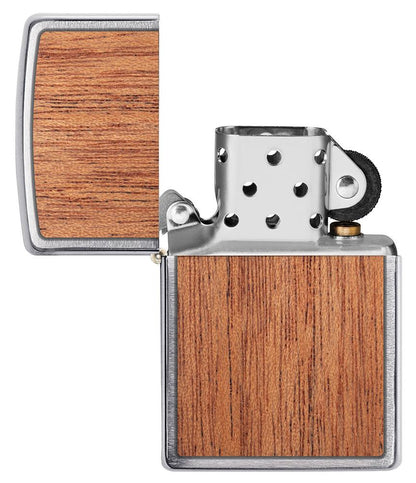 WOODCHUCK USA Mahogany Brushed Chrome windproof lighter with its lid open and not lit