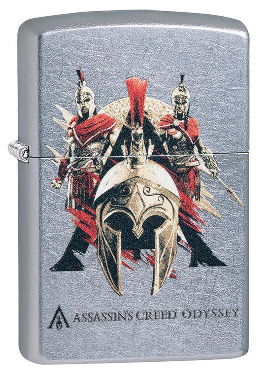 Assassins Creed Odyssey Helmet Street Chrome windproof lighter facing forward at a 3/4 angle