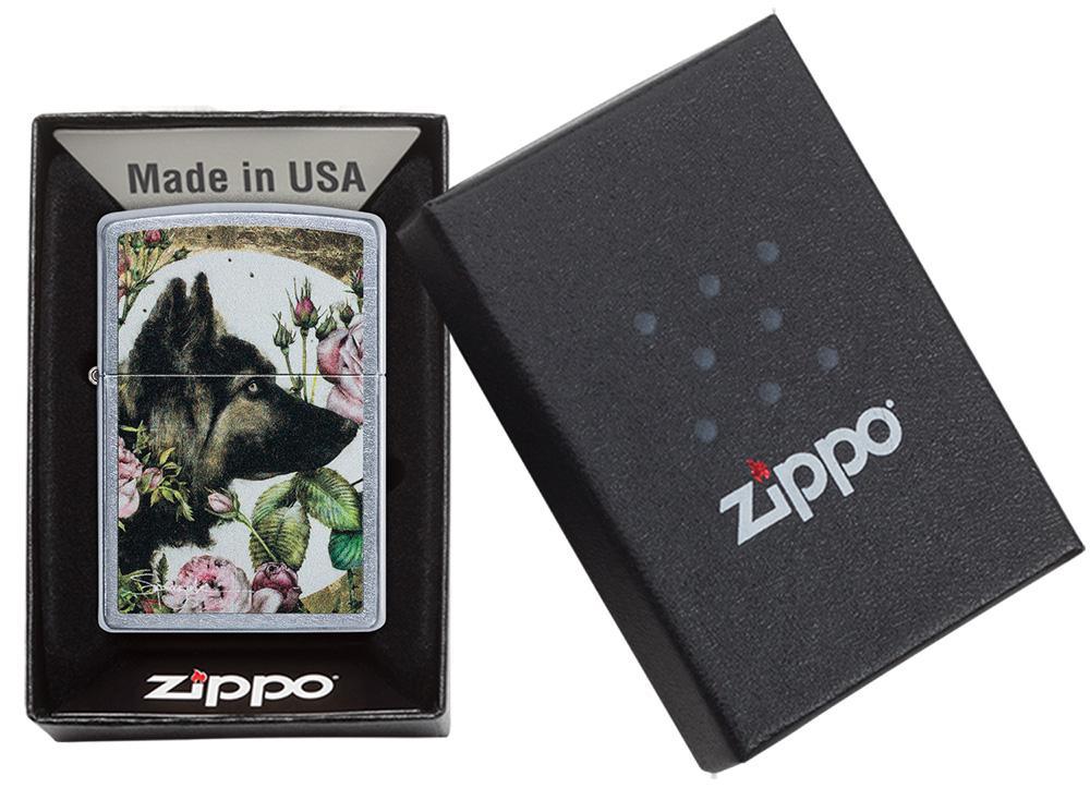 Spazuk Dog design Street Chrome windproof lighter in packaging