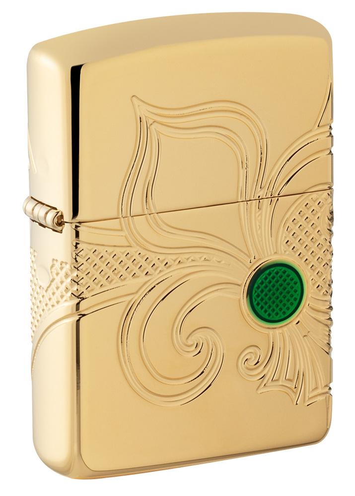 Armor Fleur-de-lis High Polish Gold Plate windproof lighter facing forward at a 3/4 angle