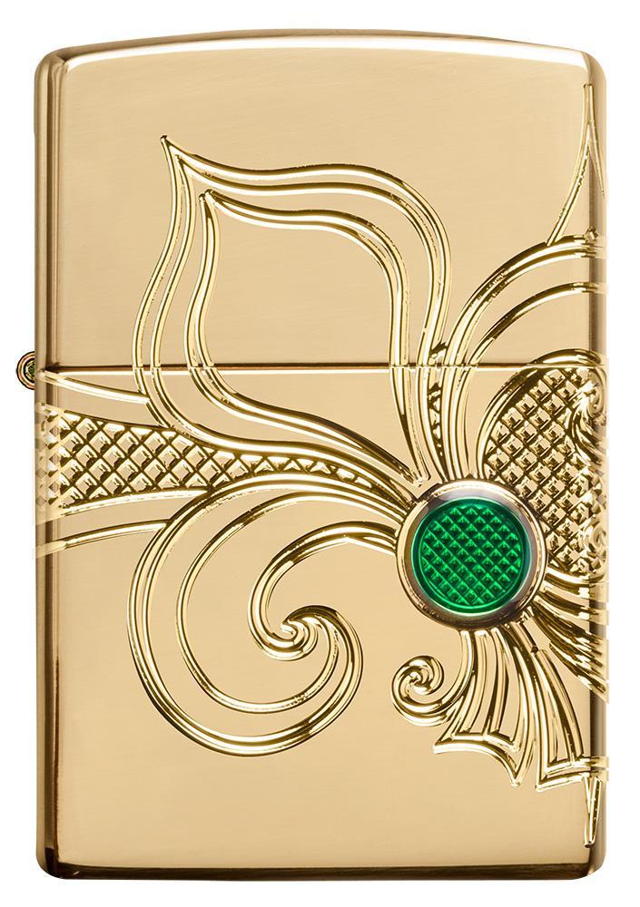 Front of Armor Fleur-de-lis High Polish Gold Plate windproof lighter