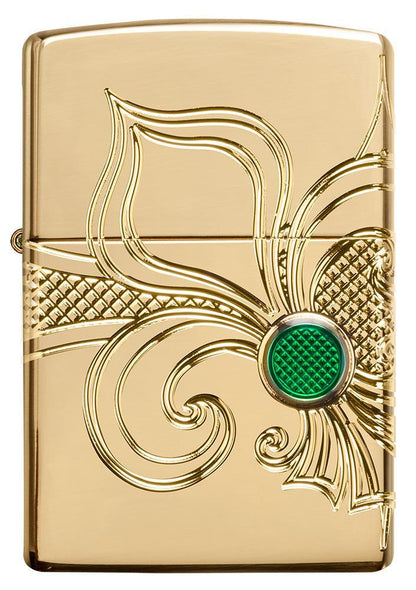 Front of Armor Fleur-de-lis High Polish Gold Plate windproof lighter