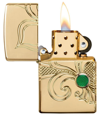 Armor Fleur-de-lis High Polish Gold Plate windproof lighter Armor Fleur-de-lis High Polish Gold Plate windproof lighter with its lid open and lit