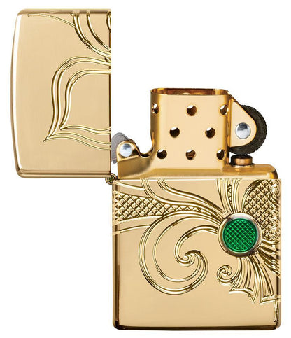 Armor Fleur-de-lis High Polish Gold Plate windproof lighter with its lid open and not lit