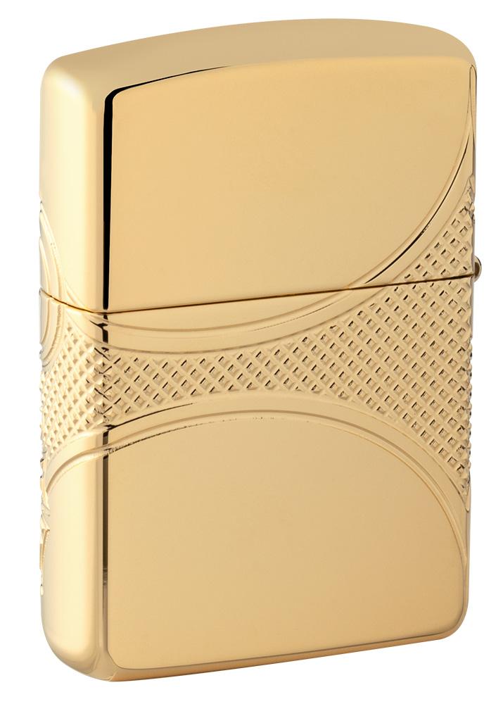 Armor Fleur-de-lis High Polish Gold Plate windproof lighter showing the back at a 3/4 angle