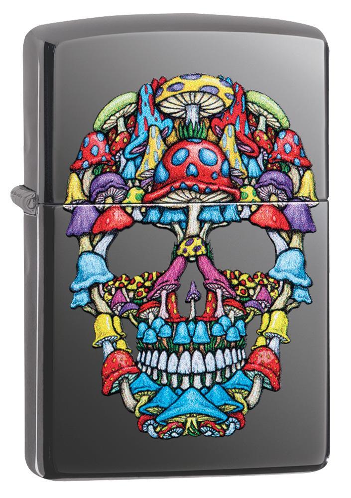 Mushroom Skull Design Black Ice Windproof Lighter facing forward at a 3/4 angle