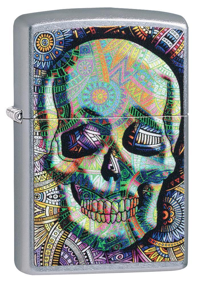 Geometric Skull Design Street Chrome Windproof Lighter facing forward at a 3/4 angle