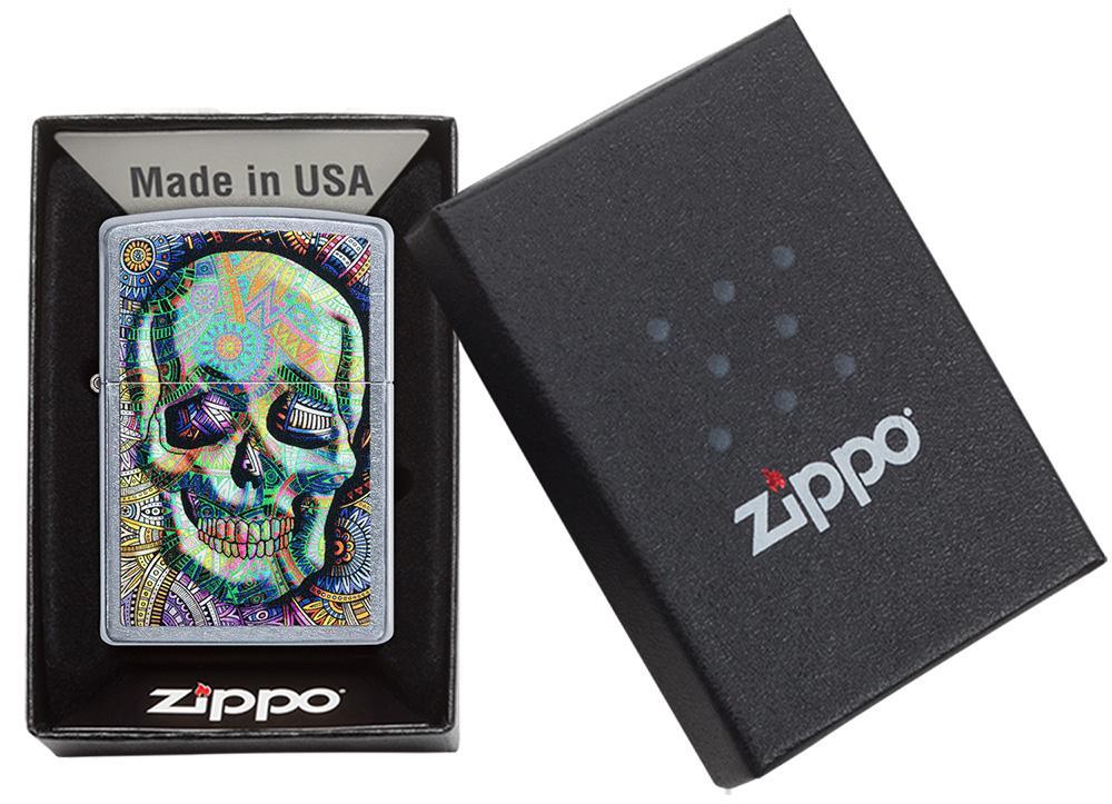 Geometric Skull Design Street Chrome Windproof Lighter in packaging