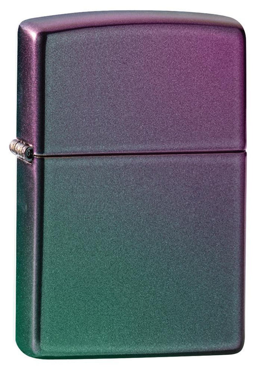 Iridescent windproof lighter facing forward at a 3/4 angle