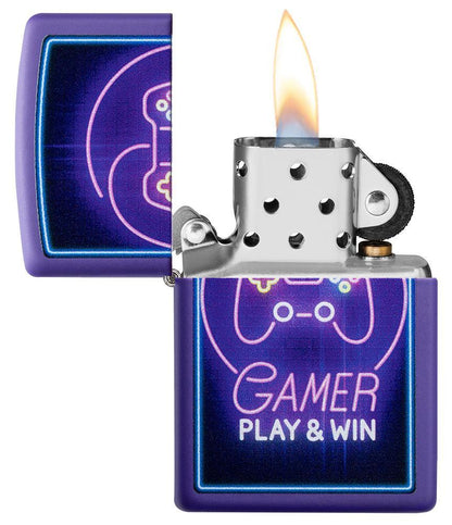 Gamer Purple Matte windproof lighter with its lid open and lit