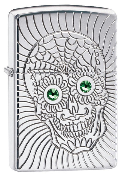 Armor Sugar Skull Design High Polish Chrome Windproof Lighter facing forward at a 3/4 angle