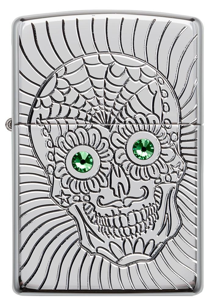 Front of Armor Sugar Skull Design High Polish Chrome Windproof Lighter