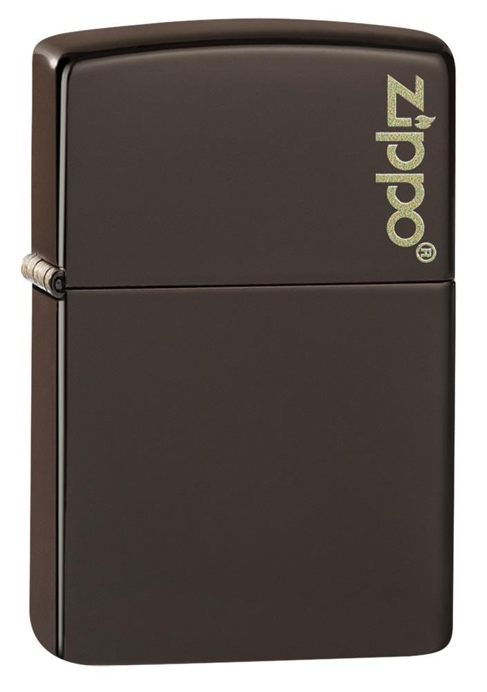 Brown Zippo Logo windproof lighter facing forward at a 3/4 angle