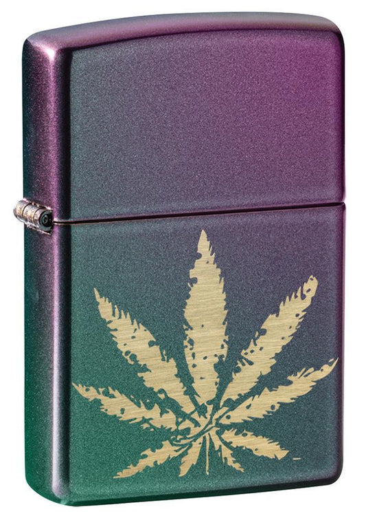 Iridescent Marijuana Leaf Windproof Lighter facing forward at a 3/4 angle