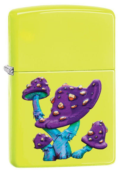 Mushroom Textured Print Neon Yellow Windproof Lighter facing forward at a 3/4 angle