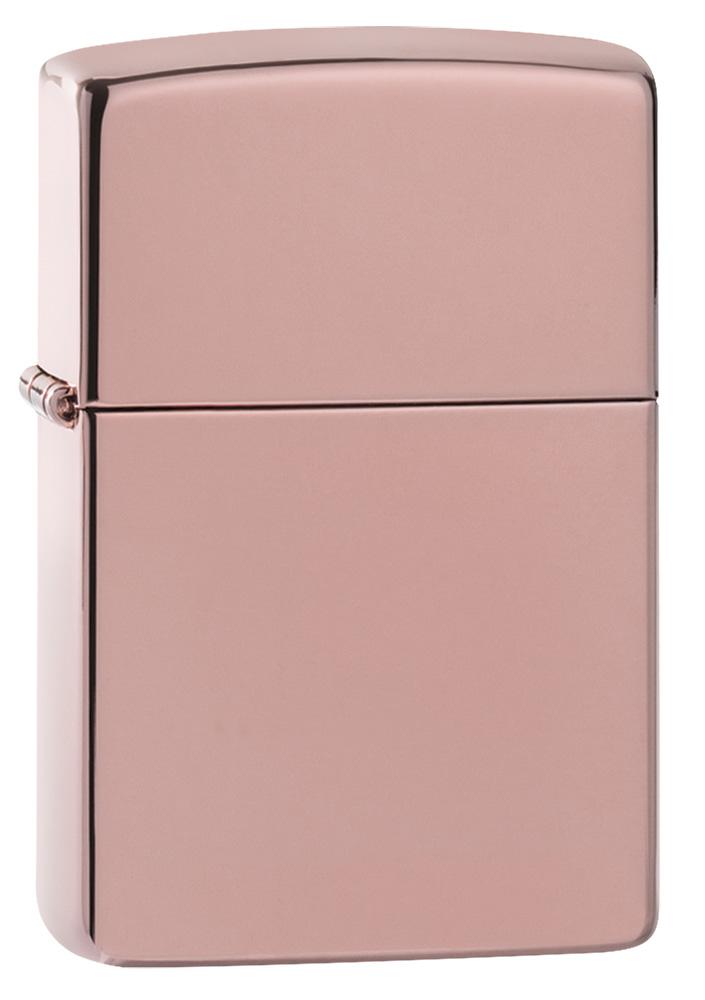 High Polish Rose Gold windproof lighter facing forward at a 3/4 angle