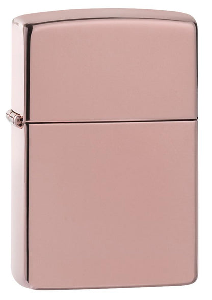 High Polish Rose Gold windproof lighter facing forward at a 3/4 angle