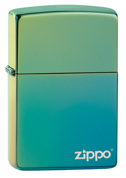 High Polish Teal Zippo Logo windproof lighter facing forward at a 3/4 angle