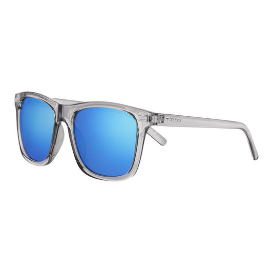 Side view of the Sixty-three Sunglasses transparent frame and blue lenses