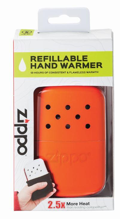 12-Hour Blaze Orange Refillable Hand Warmer in its packaging